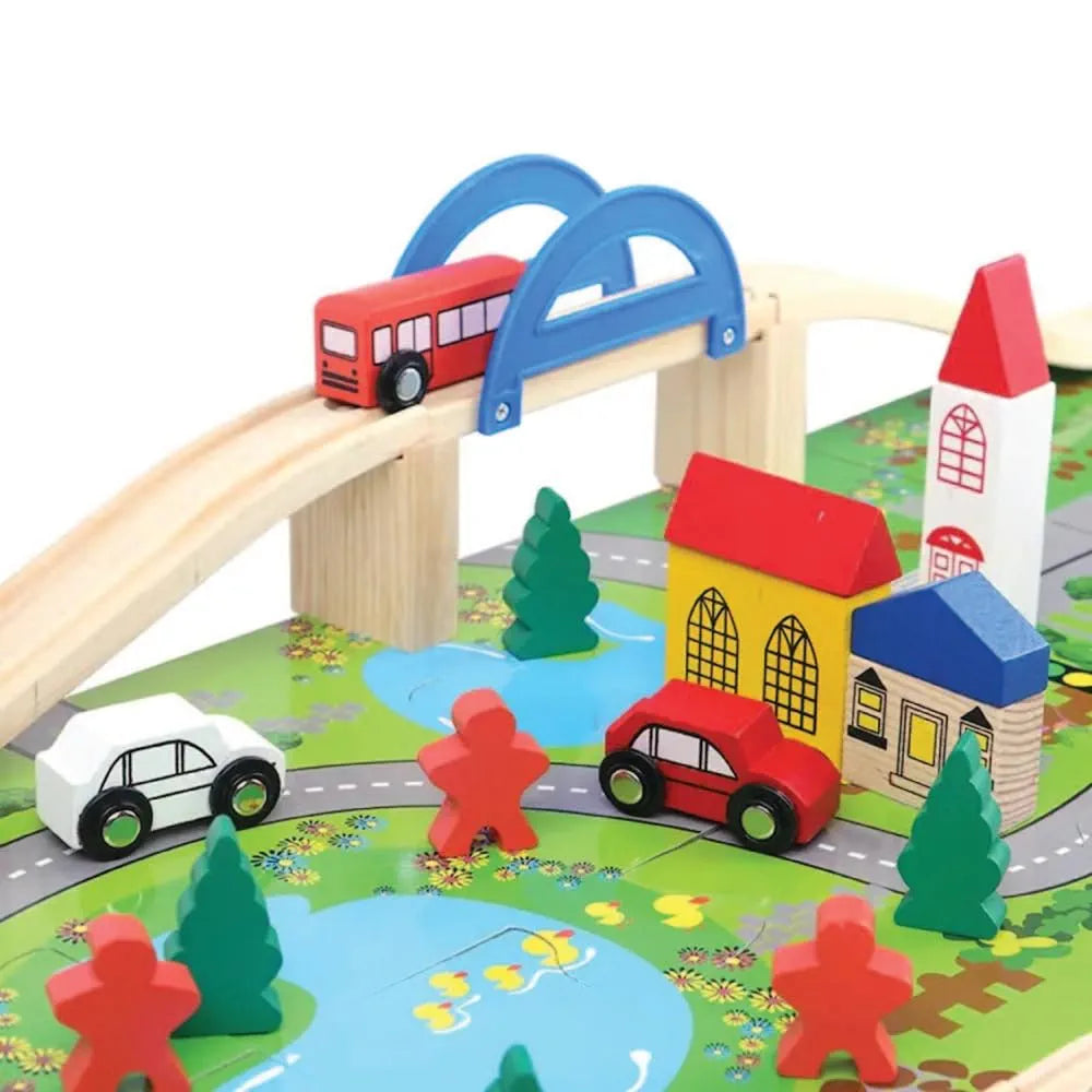 KIDS KINDLY Wooden Railway Overbridge Vehicles Set Toy for Kids  | Wooden Cars | Rail Overpass | Traffic Signals, Signboards & Buildings | Monteszori Jigsaw Puzzle Boys & Girls | 3+ Years