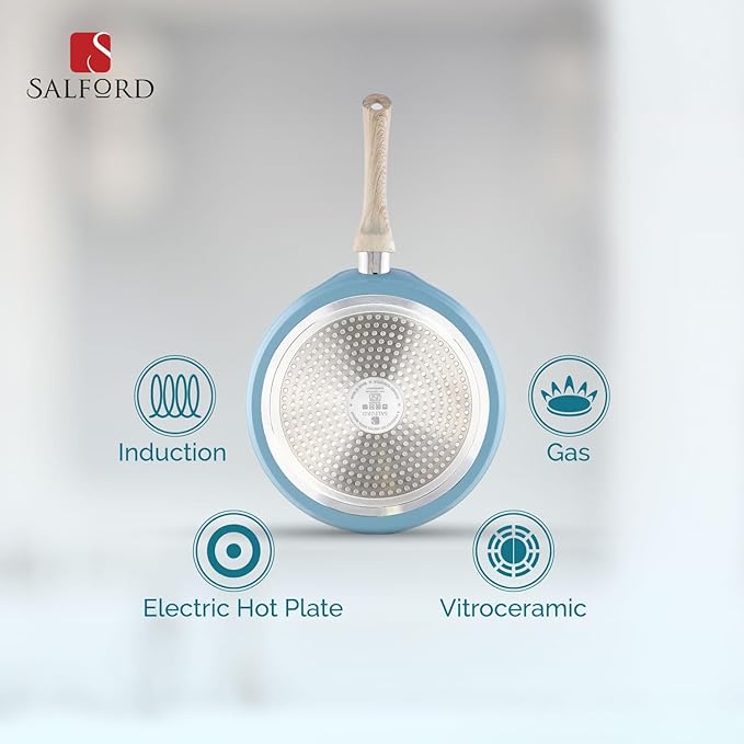 Salford by Ucook Forged Non-stick Frypan With Soft Touch Wooden Handle | Black Spatter Dusty Blue | 240mm | 1.85 Litre