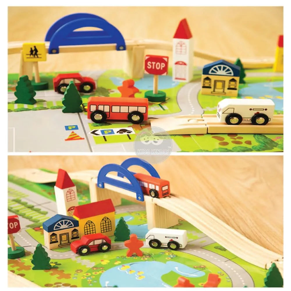 KIDS KINDLY Wooden Railway Overbridge Vehicles Set Toy for Kids  | Wooden Cars | Rail Overpass | Traffic Signals, Signboards & Buildings | Monteszori Jigsaw Puzzle Boys & Girls | 3+ Years