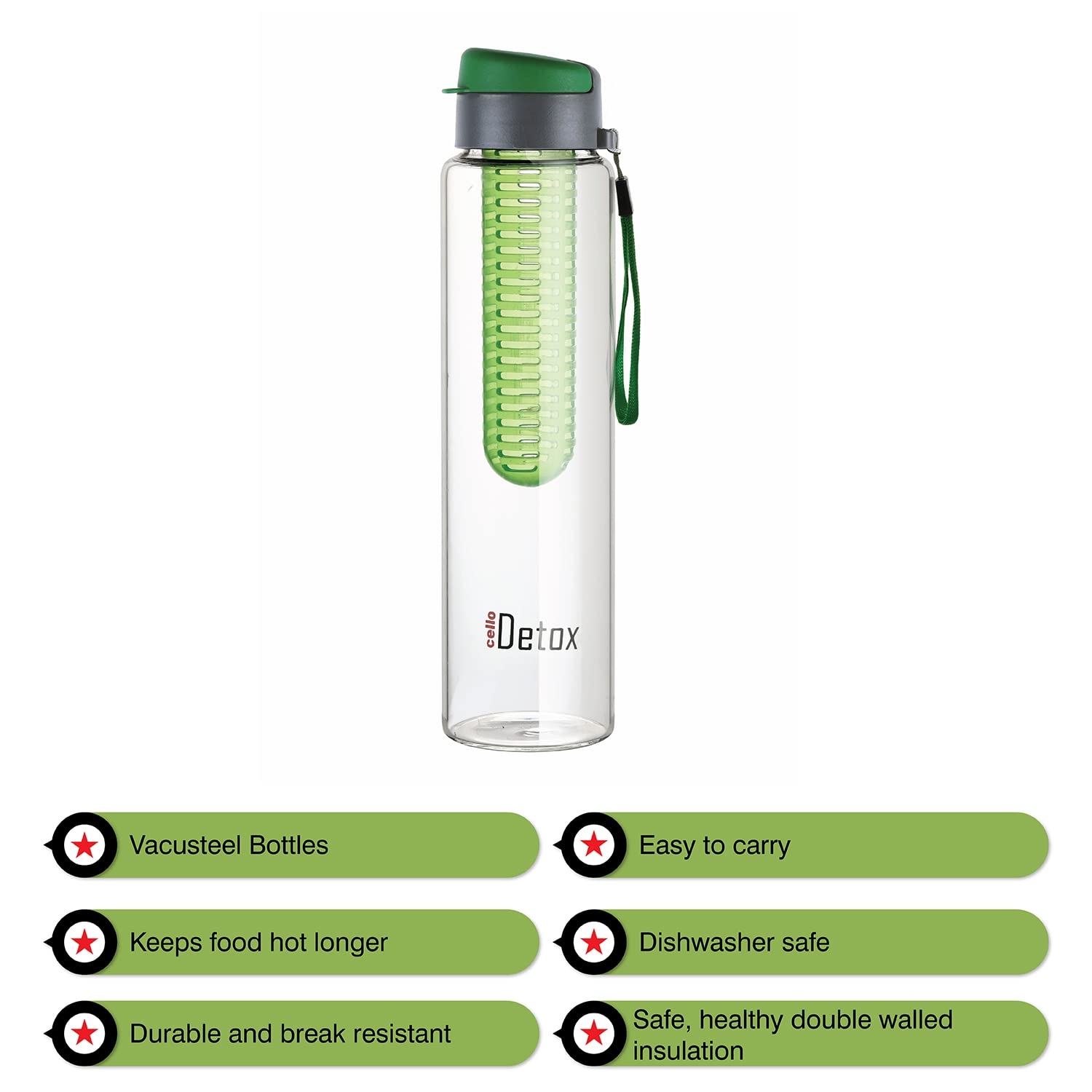 Cello Detox Fruit & Tea Infuser Glass Water Bottle| Wide Cap Sealed With Flip Top | 720 Ml