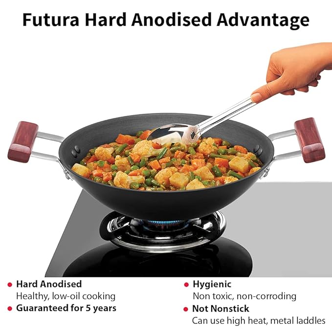 Hawkins Futura 2 Litre Deep Fry Pan Hard Anodised Kadai Flat Bottom Kadhai