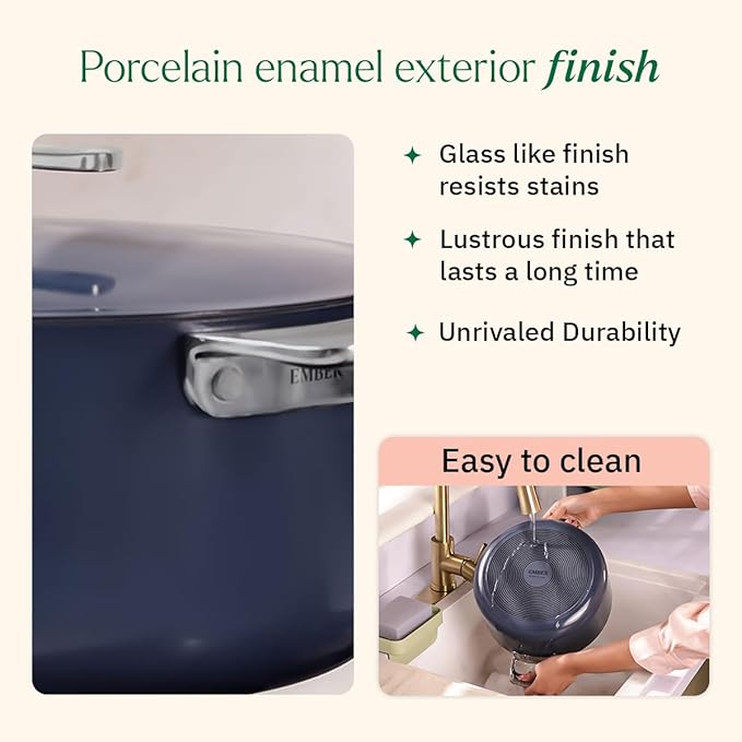 Ember Cookware Arcilla Ceramic Non Stick Dutch Oven 24cm | Metallic Lid | Stainless Steel Handles | Non Toxic Biryani Pot | Blue