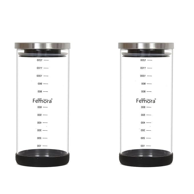 Femora Storage Jars Borosilicate Glass With Silicon Bottom Air Tight Jar With Steel Lid | 1300 Ml | Pack of 2