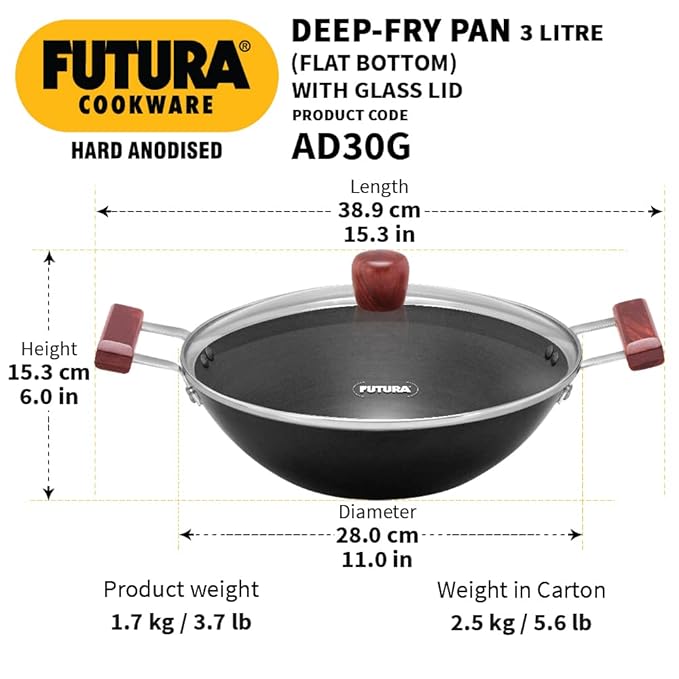 Hawkins Futura 3 Litre Deep Fry Pan Hard Anodised Kadai with Glass Lid