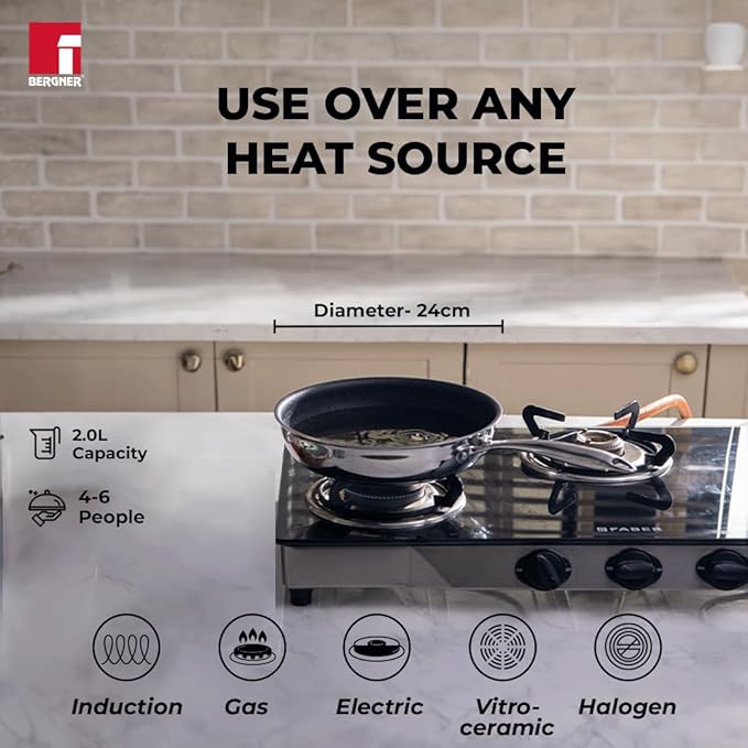 Bergner Hitech-peek Triply Stainless Steel Sautepan | Deep Frypan 24 Cm