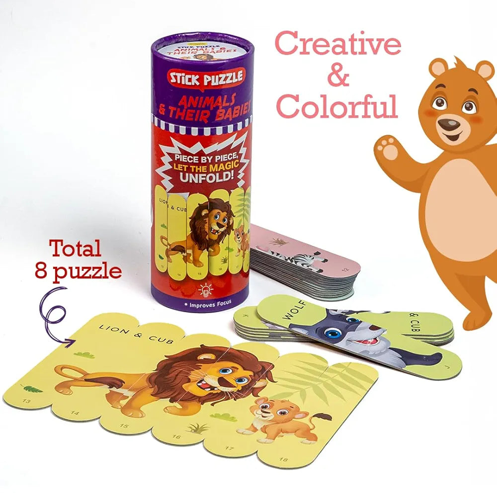 THE BOOK TREE Animals & Their Babies Stick Puzzle | 24pcs Double-Sided Cardboard Puzzles | 8 Animal & Their Puzzles for Learning & Play | Enhances Focus & Creativity | Ideal for Ages 3+