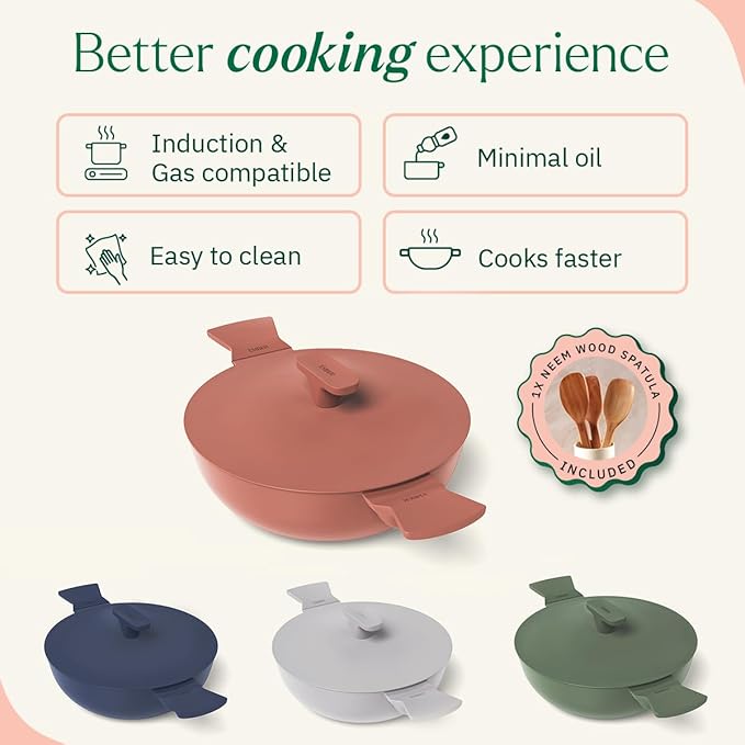 Ember Cookware Arcilla Ceramic Non Stick Kadai 24cm | Metallic Lid | Matching Handles | Florence Series | Terracotta