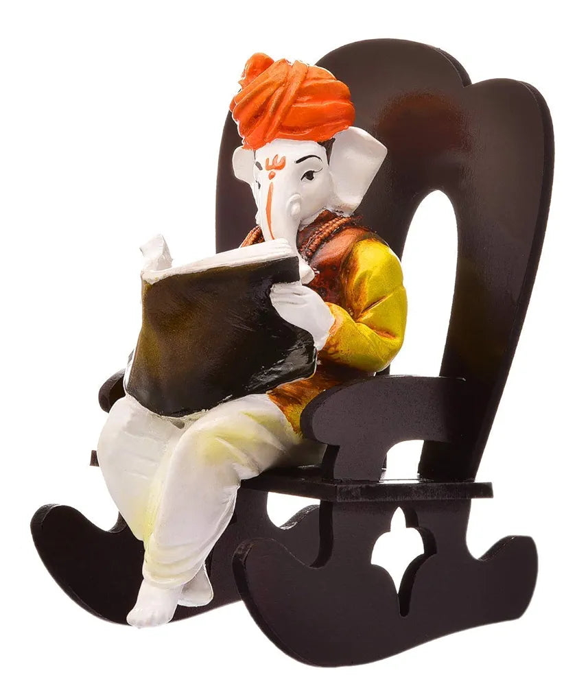 Karigaari India Ganesha Resting on Rocking Chair - Brown & White