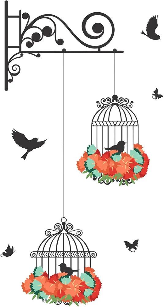 Decals Design Hanging Birds Cage with Flowers Wall Sticker