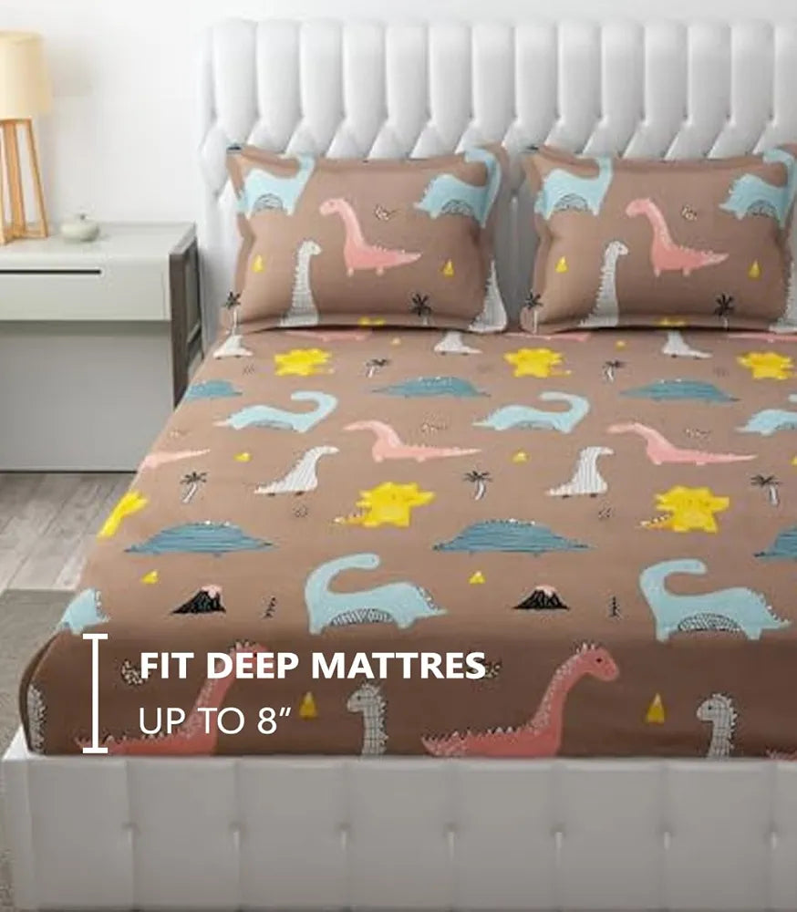 Fresh Form Loom Wrinkle Free Glace Cotton 300 TC Elastic Fitted Bedsheet For Kids With 2 Pillow Cover Rosy Dinosaur Rosy