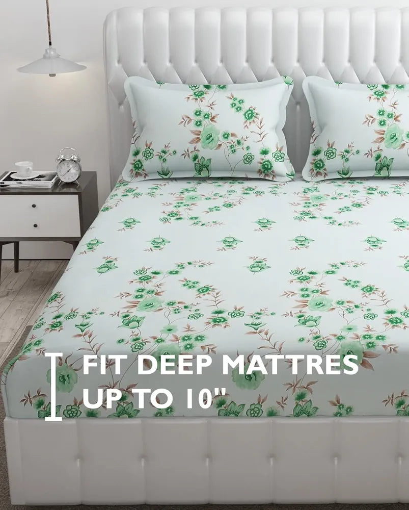 Fresh From Loom Floral Print 240 TC Microfiber King Size Bedsheet Set with 2 Pillow Cover Soft-Cyan