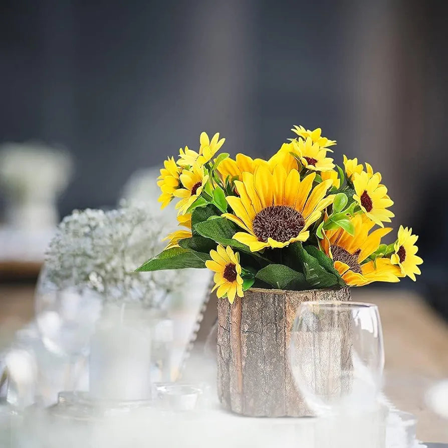 Wood Artificial Flowers Fake Flowers/Mini Potted Artificial Plants with Bark Pot Small Indoor Yellow