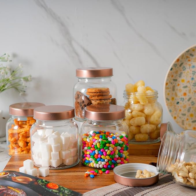 Femora Kitchen Storage Jars Clear Glass Jar With Steel Lid Air Tight Jar | 700 Ml | Pack of 1 | Golden Lid