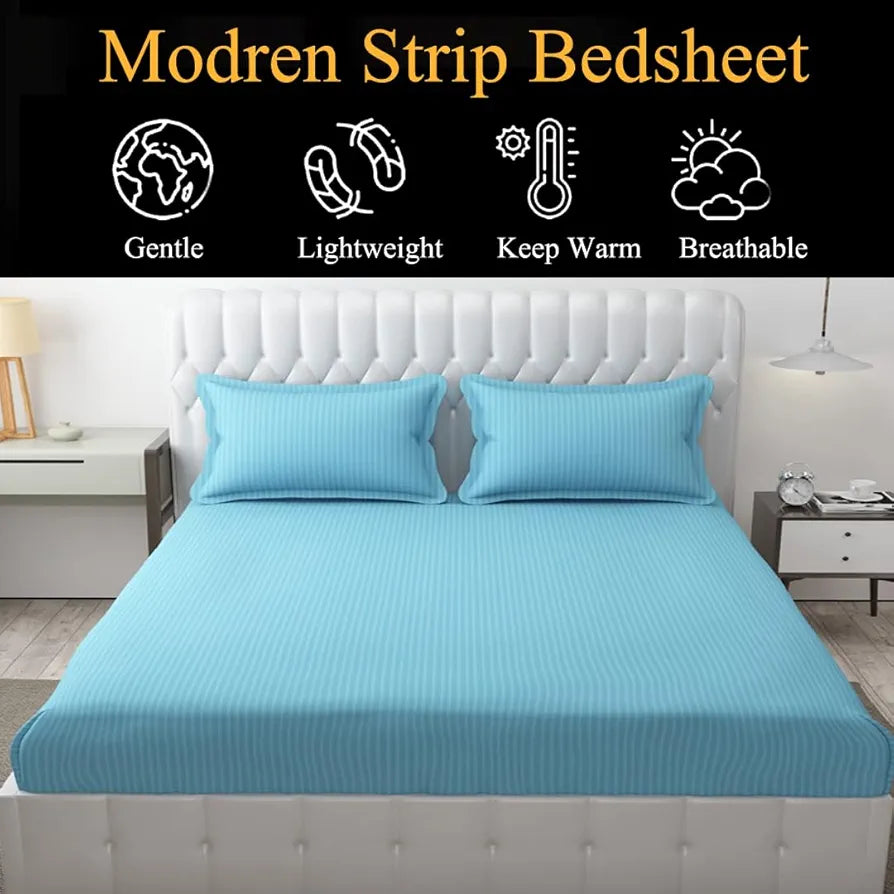 Fresh From Loom Soft Skin Safe Breathable Queen Size Flat Striped Bedsheets Hotel & Home Double Bedsheet Set with 2 Pillow Covers 144 TC Aqua
