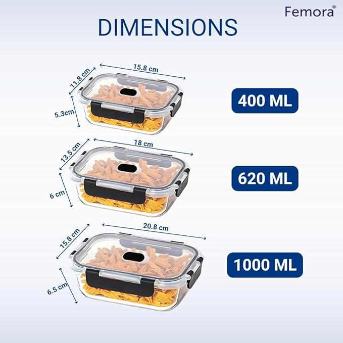 Femora Set of 3 Borosilicate Glass Rectangle Black Container With Dectahable & Break Free Lid, 400 Ml, 620 Ml, 1000ml | Microwave Safe