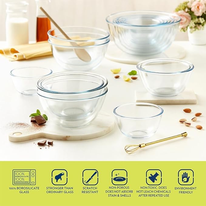 Borosil Basic Glass Mixing & Serving Bowls With Blue Lid | Microwave Safe Bowls | Set of 1 | 1.3 Litres