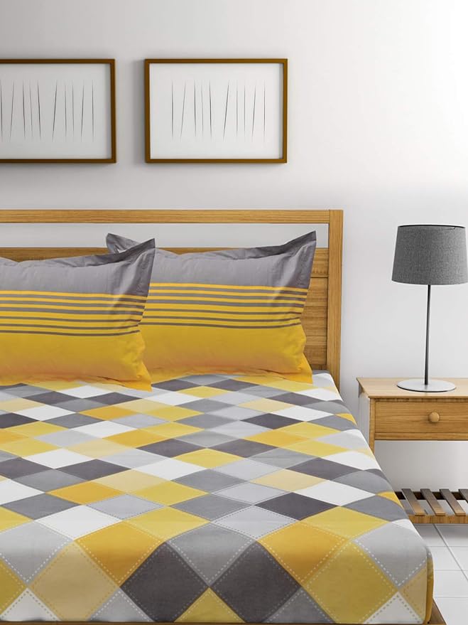 Huesland by Ahmedabad Cotton 144 Tc Cotton Double Bedsheet With 2 Pillow Covers - Yellow | Grey