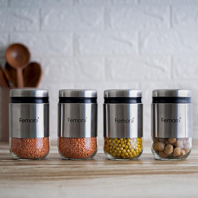 Femora Kitchen Storage Jars Steel Body With See Through Bottom Jar | 550 Ml | Pack of 4