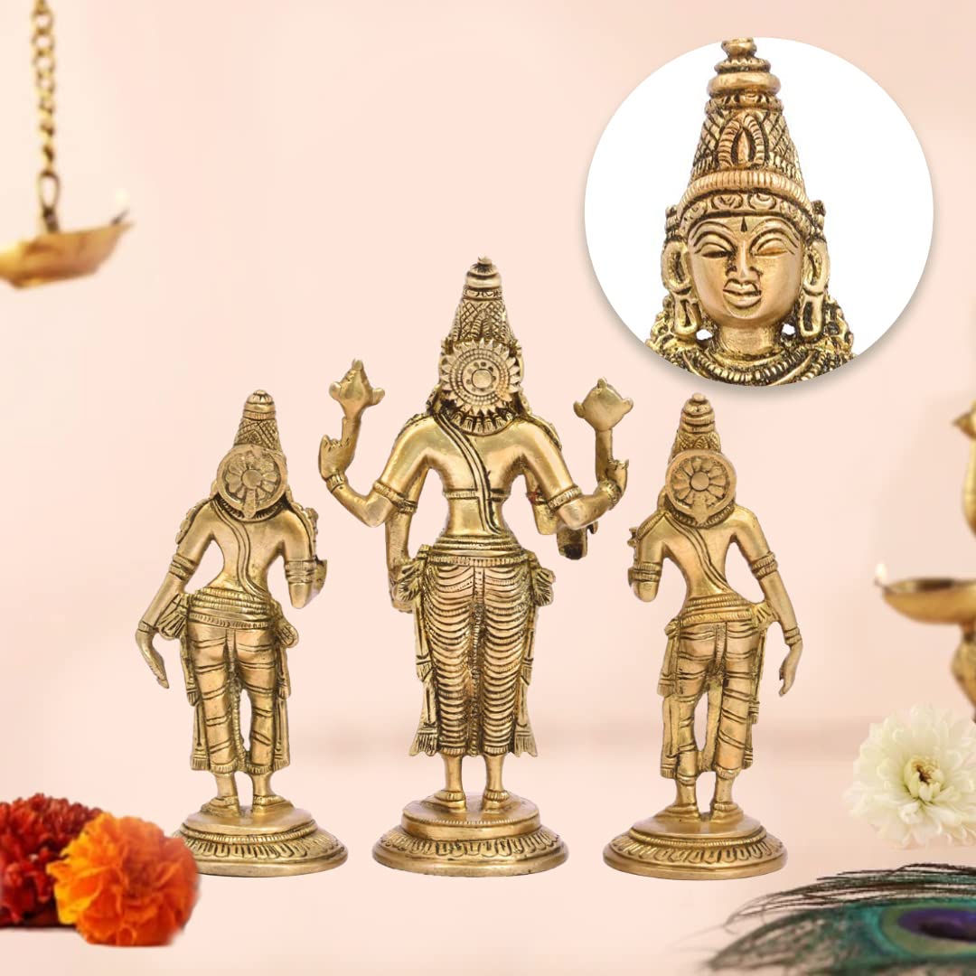 The Advitya Brass Vishnu With Bhudevi & Sridevi Statue | Set of 3 | Satya Narayan Swami Statue for Home Pooja