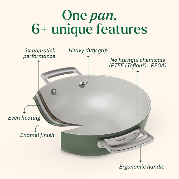 Ember Cookware Arcilla Ceramic Non Stick Kadai 24cm | Metallic Lid | Stainless Steel Handles | Capri Series | Green