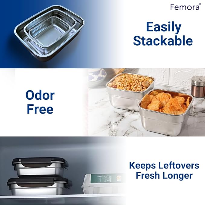 Femora High Steel Square Container Airtight Leakproof Unbreakable Storage Container/ Lunch Box | 850 Ml | Set of 3