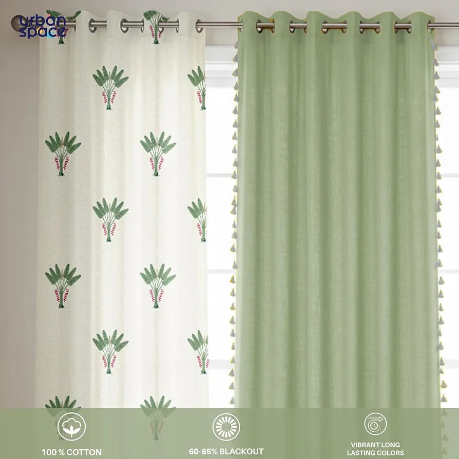 Urban Space Cotton Curtains for Door Combo Set of 3 Room Darkening Curtains for Home Decor Palm Lagoon Green & Aura Green
