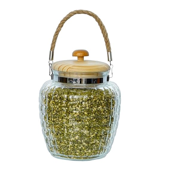 Femora Kitchen Storage Jars Embossed Glass Jar With Wooden Lid & Jute Chain Air Tight Jar | 2000 Ml | Pack of 2