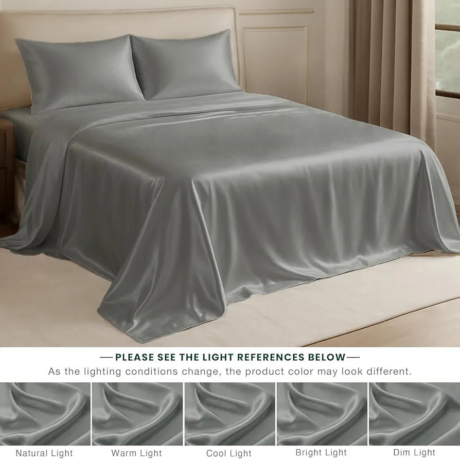 Cloth Fusion Satin Bedsheet for Queen Size Bed Set of 1 Satin Sheet 2 Pillow Covers Silver
