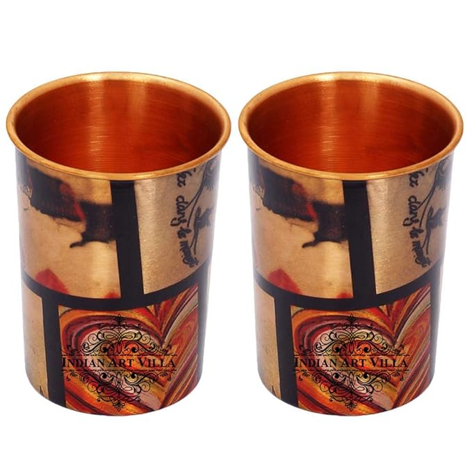 Indian Art Villa Printed Designer Copper Glasses Tumbler Brown Cup (Pack of 2)