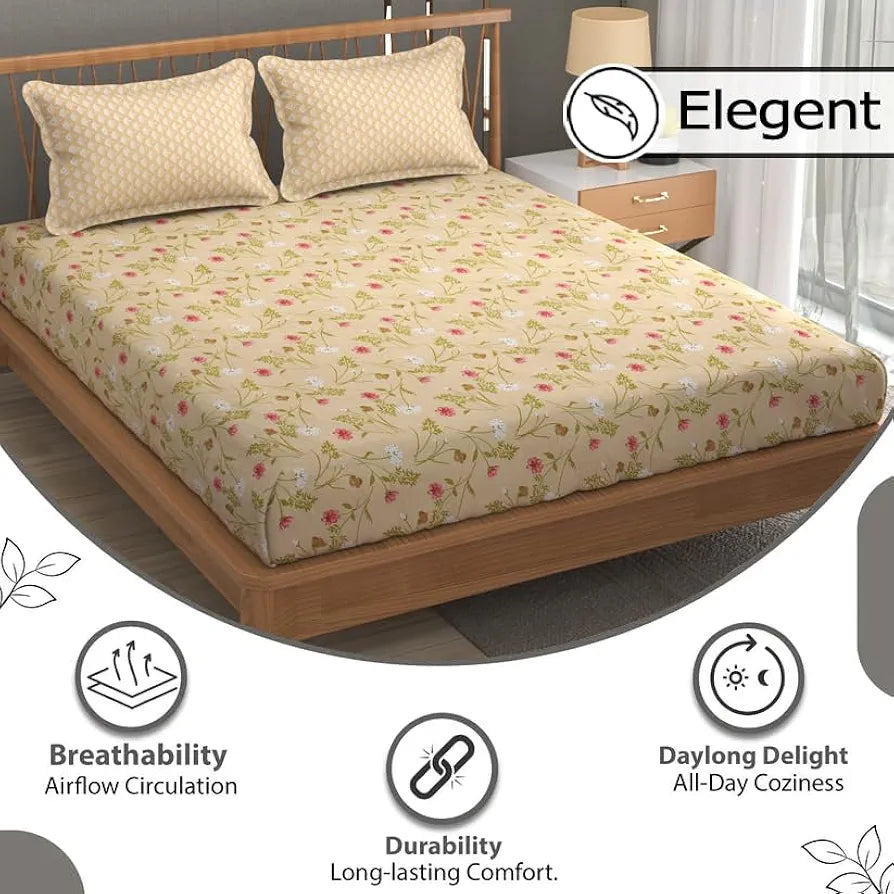 Fresh From Loom 240 TC XXL Microfiber Soft Cotton King Size Bedsheet for Double Bed with 2 Pillow Cover Hypoallergenic Soft Bed Sheet Dairy Cream