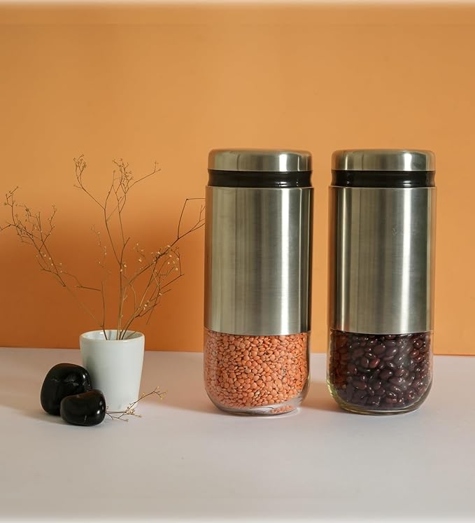 Femora Kitchen Storage Jars Steel Body With See Through Bottom Jar | 900 Ml | Set of 2
