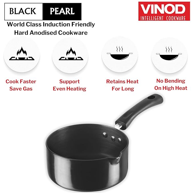 Vinod Black Pearl Hard Anodised Saucepan 1.1 Litres | 14cm | 3.25mm Thick | Metal Spoon Friendly | Ezee Pour Spout | Bakelite Handle