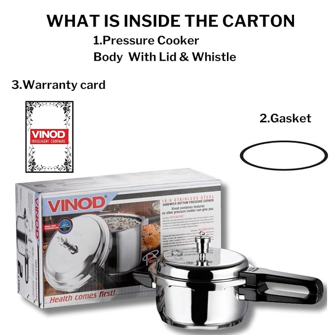 Vinod 18/8 Stainless Steel Pressure Cooker Outer Lid 2 Litre | Unique Sandwich Bottom Cooker