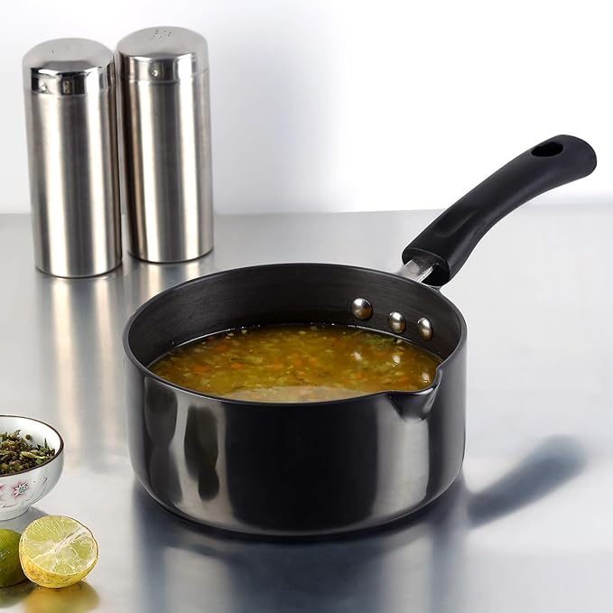 Vinod Black Pearl Hard Anodised Saucepan 1.1 Litres | 14cm | 3.25mm Thick | Metal Spoon Friendly | Ezee Pour Spout | Bakelite Handle