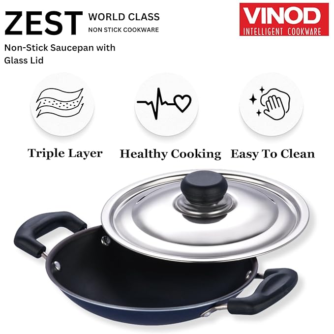 Vinod Zest Non Stick Appachetty with Lid - 20 cm| Appam Pan | 3 mm Extra Thick | 3 Layer Coating