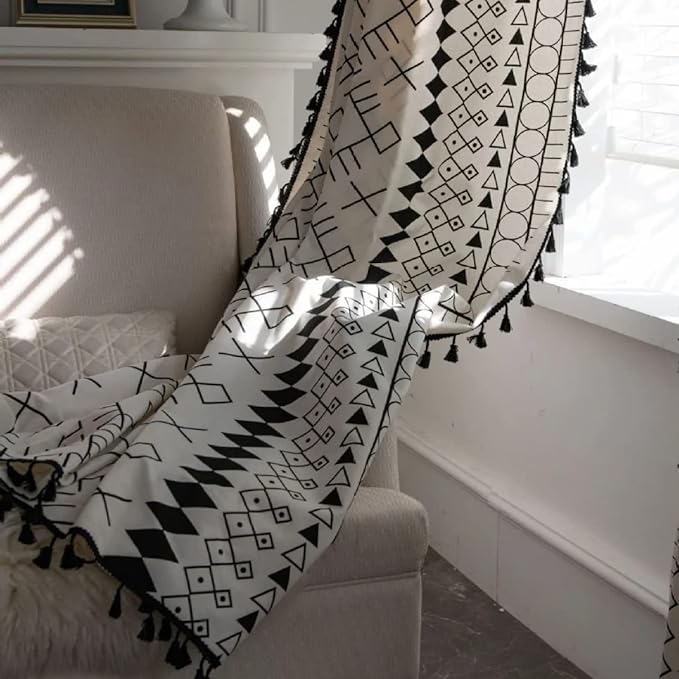 Huesland Cotton Curtains for Windows, 5 Feet Long 1 Bohemian Eyelet Curtain | Boho Tribal White & Black
