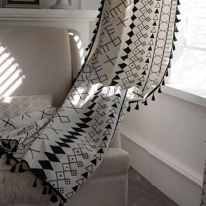 Huesland Cotton Curtains for Door, 7 Feet Long 1 Bohemian Eyelet Curtain | Boho Tribal White & Black