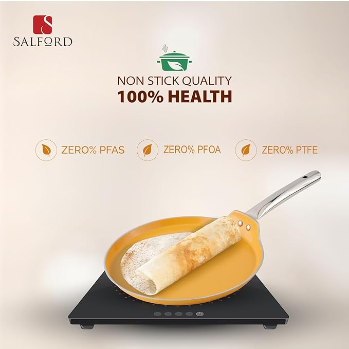 Salford Forged Ceramic Non-stick Tava With Tubular Ss Handle | Induction & Gas Ready | Mustard Yellow - 280mm