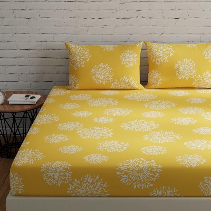 Huesland by Ahmedabad Cotton 144 TC Cotton Bedsheet for Double Bed King Size with 2 Pillow Covers | Yellow