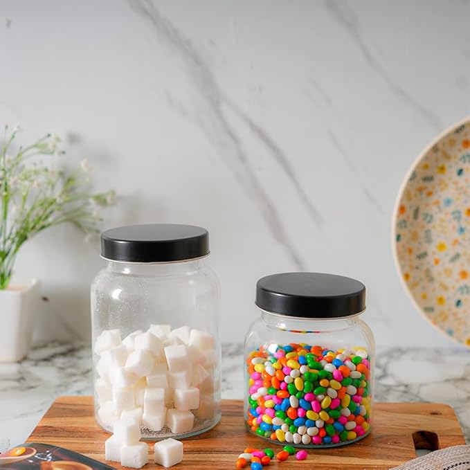 Femora Kitchen Storage Jars Clear Glass Jar With Steel Lid Air Tight Jar | 700 Ml | Pack of 1 | Black Lid