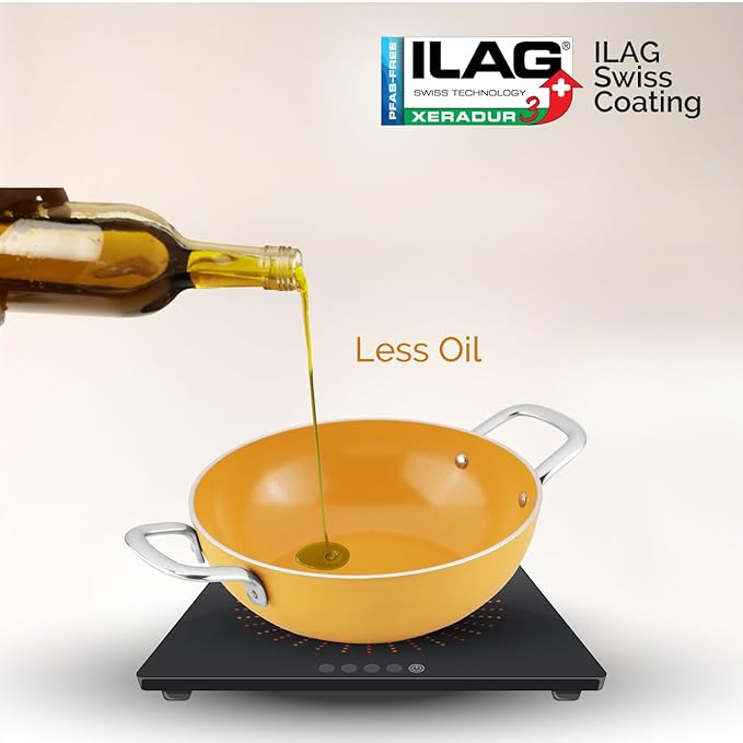 Salford Forged Ceramic Non-stick Kadai With Glass Lid & Tubular Ss Handle | Mustard Yellow | 240mm | 2.5 Litre