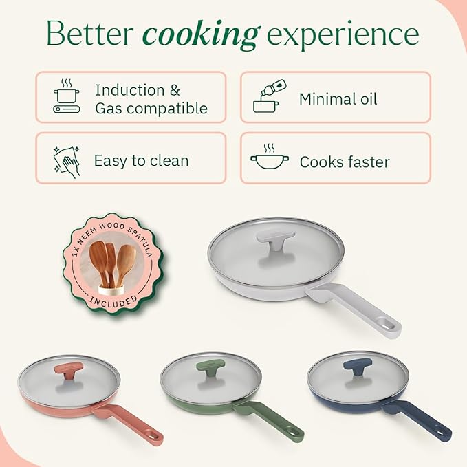 Ember Cookware Arcilla Ceramic Non-stick Egg Pan 20cm | Glass Lid | Matching Handle | Florence Series | Grey