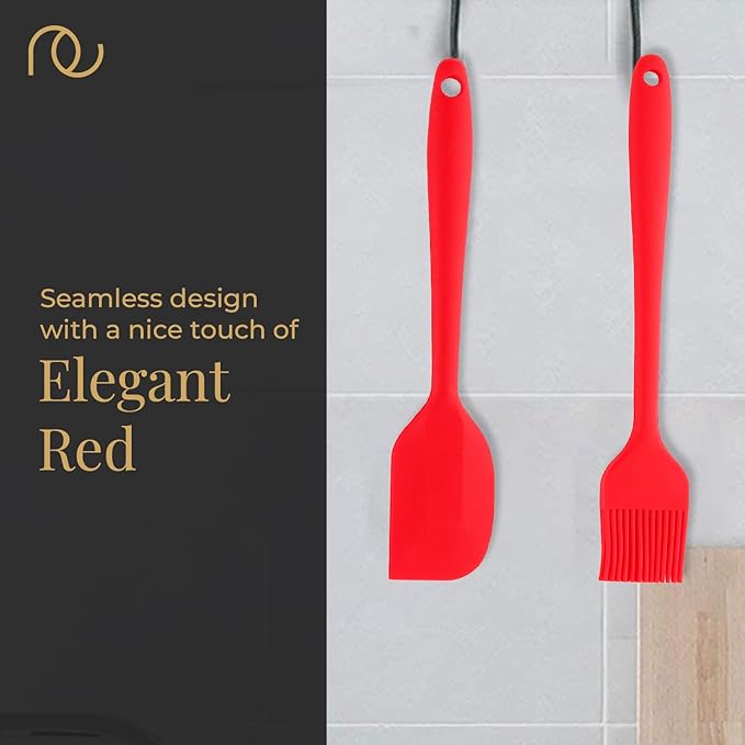 Frenchware Set of 2, Red Oil Brush for Cooking & Non-stick Silicone Spatula Baking & Mixing | Seamless Design