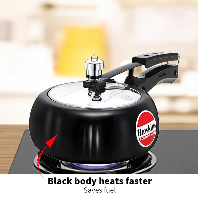 Hawkins 2 Litre Contura Black Pressure Cooker Hard Anodised Inner Lid Cooker Handi Cooker Small Cooker Black