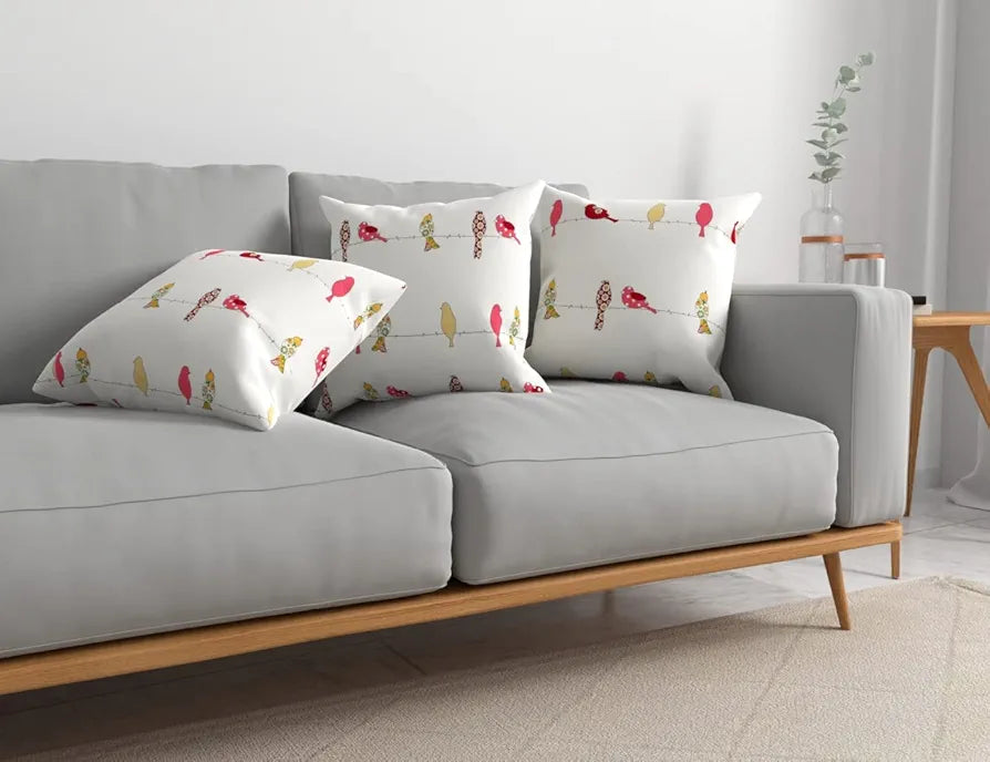 Urban Space Decorative Cotton Cushion Cover Set of 3 inch Cushion Covers for Sofa, Bedroom, Living Room Humming Bird Red