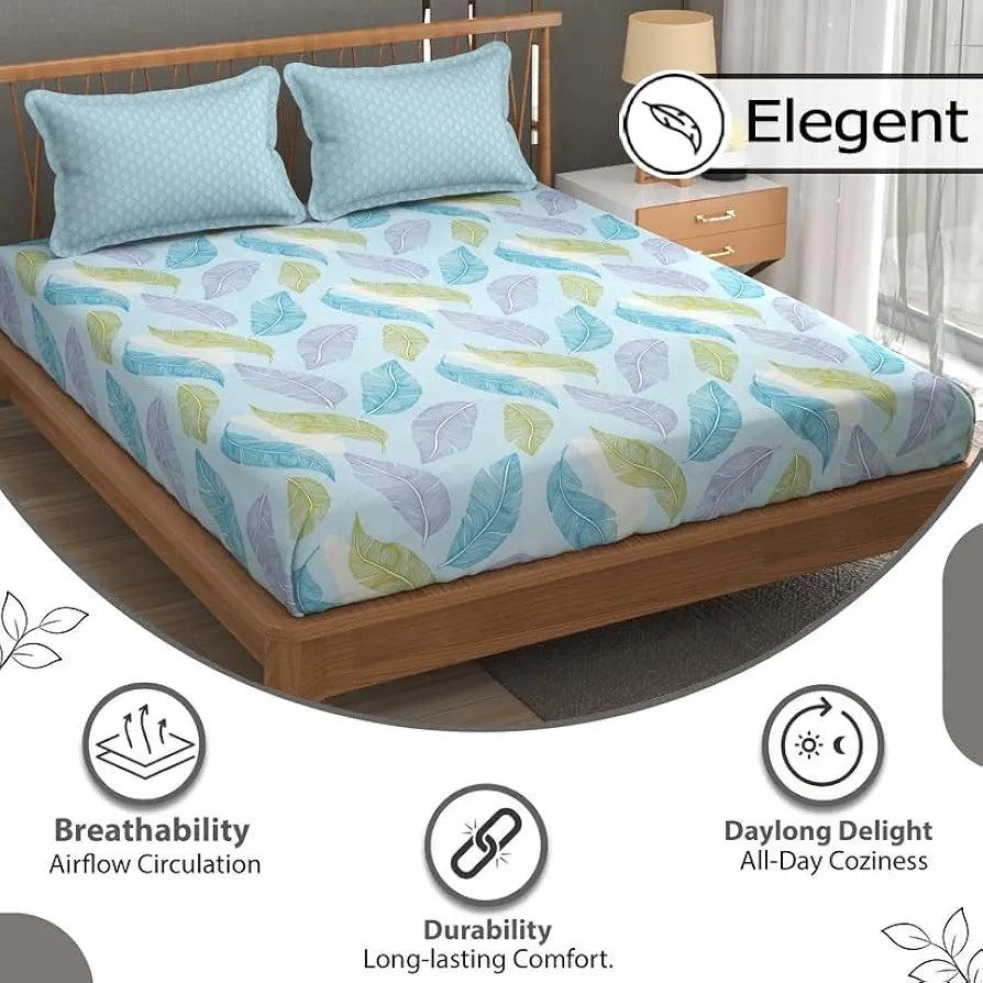 Fresh From Loom Microfiber Soft Cotton Queen Size Bedsheet for Double Bed 200 TC Hypoallergenic Soft Bed Sheet with 2 Pillow Cover Aqua Pankh