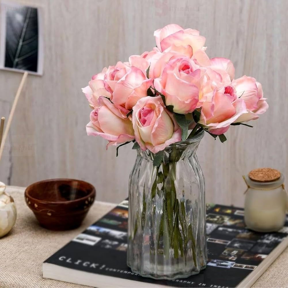 Satyam Kraft 7 Pcs Artificial Rose Stick Flower Bunch for Home Decoration and Craft Corner Light Pink