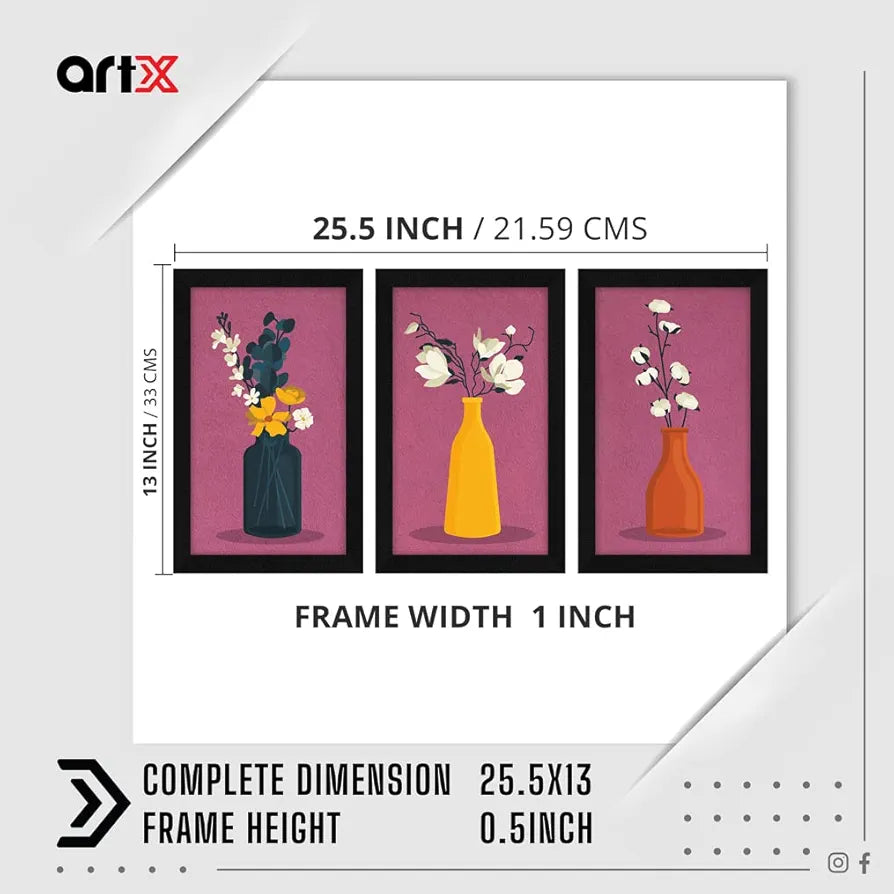 ArtX Paper Floral Vase Wall Art Painting Framed Set of 3
