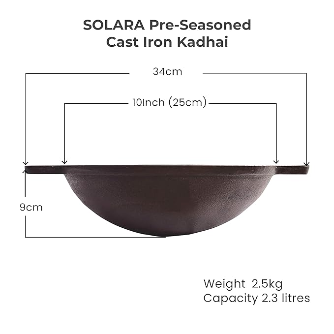 Solara Pre Seasoned Cast Iron Kadhai | 25 Cm, 2.5 Kg | Naturally Nonstick Cast Iron Kadai With Flat Handles | 2.3 Litres