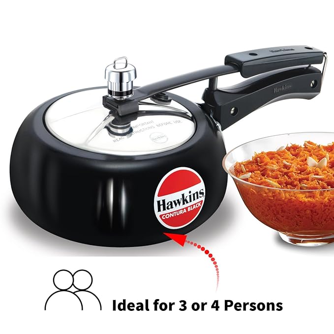 Hawkins 2 Litre Contura Black Pressure Cooker Hard Anodised Inner Lid Cooker Handi Cooker Small Cooker Black